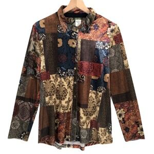 DOLCEZZA Patchwork Floral Velvet Shirt Women's Sz M Button Up Long Sleeve Artsy
